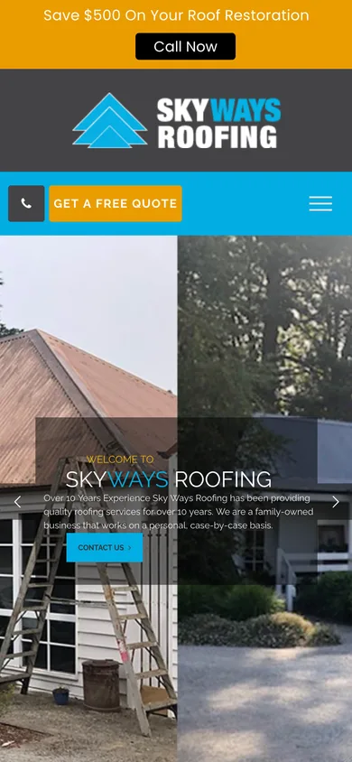 The old Skyways Roofing website on a phone: an orange offer banner, the logo and a photo of a weatherboard house.