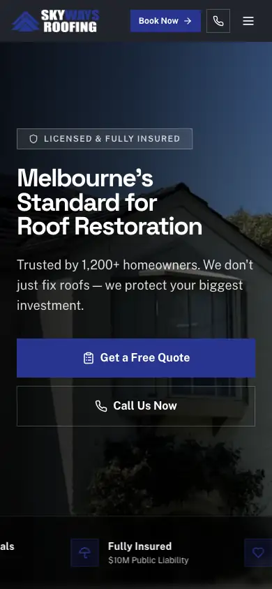 The new Skyways Roofing homepage on a phone, with Get a Free Quote and Call Us Now buttons under the headline