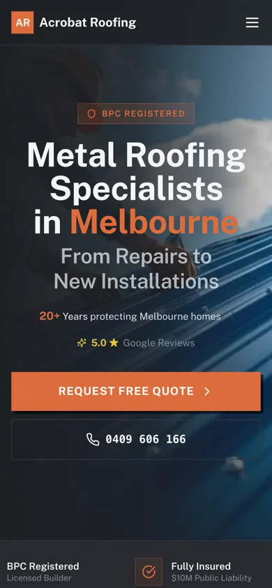 The new Acrobat Roofing homepage on a phone, with a full-width Request Free Quote button and tap-to-call number under the headline