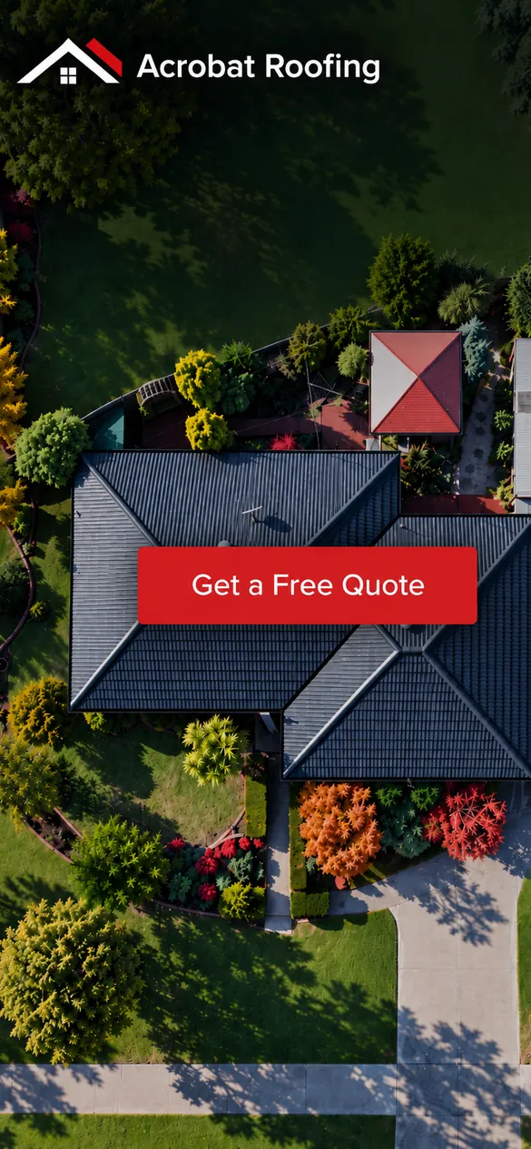 The old Acrobat Roofing website on a phone: the logo over an aerial photo of a dark tiled roof, with a Get a Free Quote button.