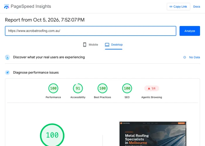 Google PageSpeed Insights desktop report for acrobatroofing.com.au: performance 100, accessibility 91, best practices 100, SEO 100