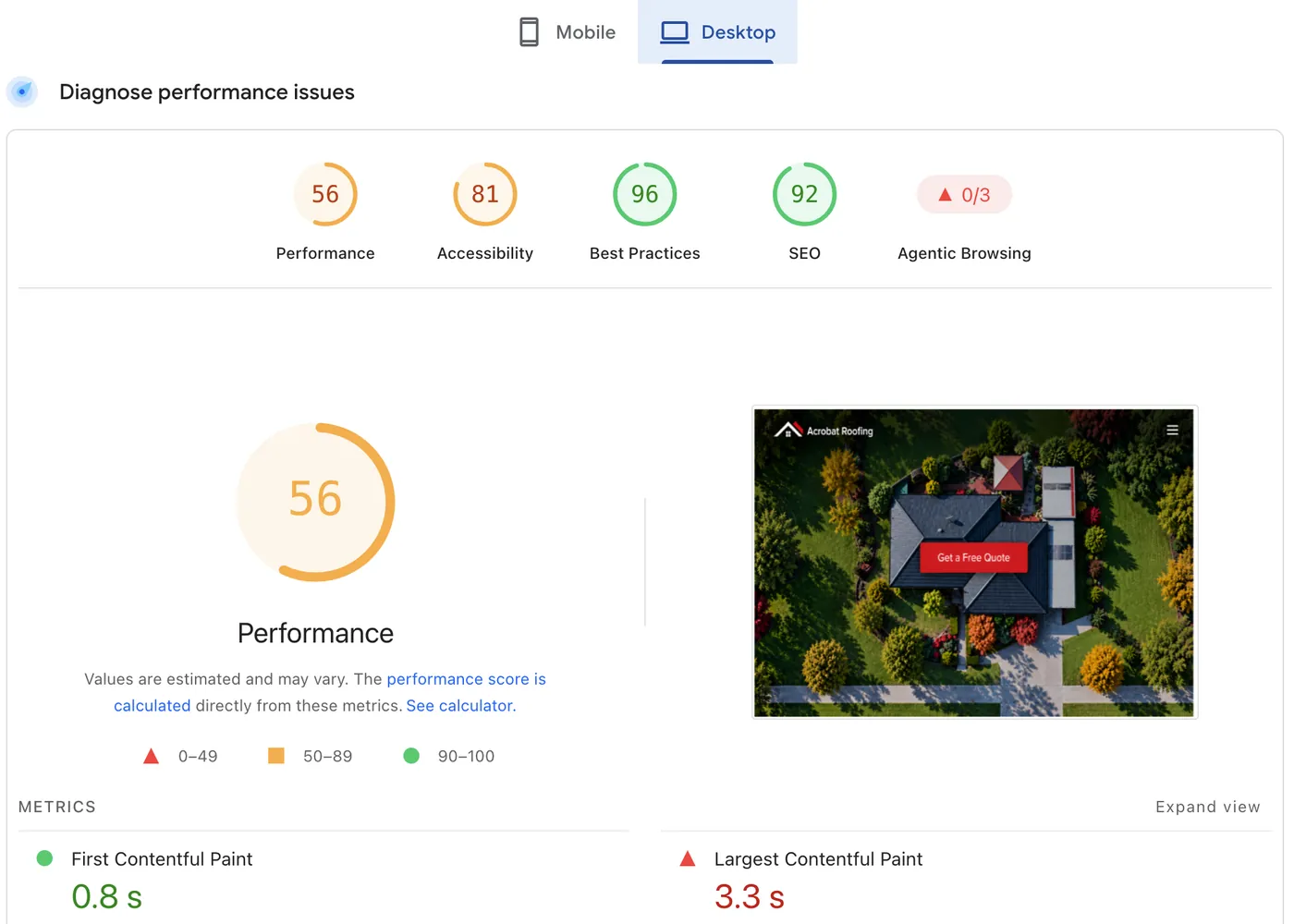 Google PageSpeed Insights desktop report for the old Acrobat Roofing website: performance 56, accessibility 81, best practices 96, SEO 92