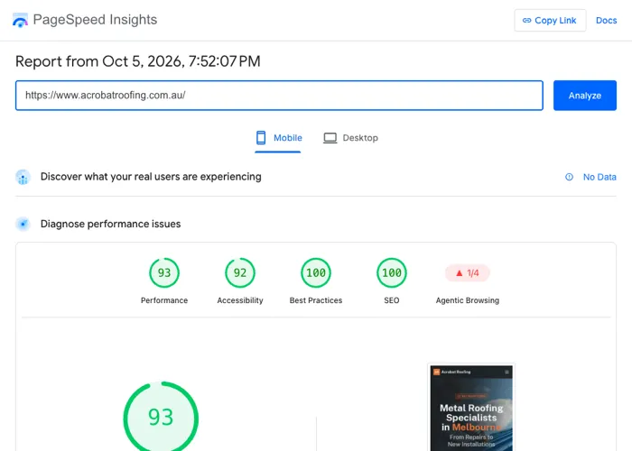 Google PageSpeed Insights mobile report for acrobatroofing.com.au: performance 93, accessibility 92, best practices 100, SEO 100