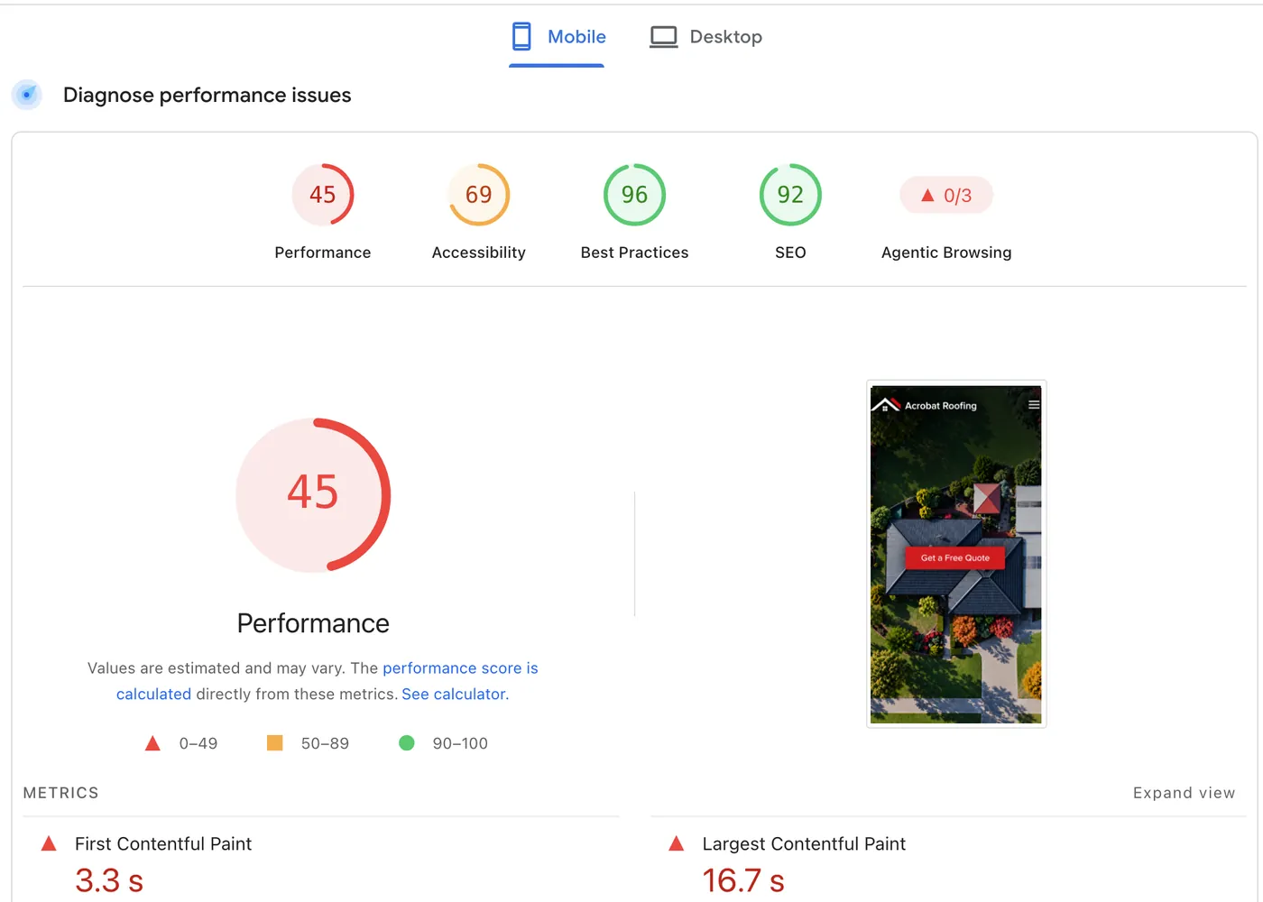 Google PageSpeed Insights mobile report for the old Acrobat Roofing website: performance 45, accessibility 69, best practices 96, SEO 92