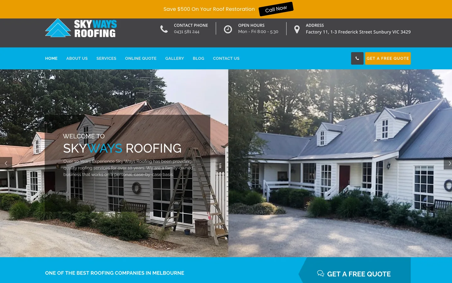 The old Skyways Roofing website on desktop: a blue and orange header over a photo of a weatherboard house, with a free quote button.